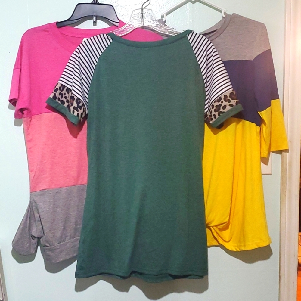 3 Amazon, Medium, Yellow, Green, and Pink Shirts